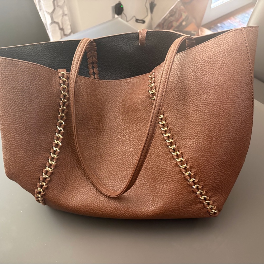 BCBG Brown Pebbled Leather Tote with Gold Chain Trim - Picture 2 of 4